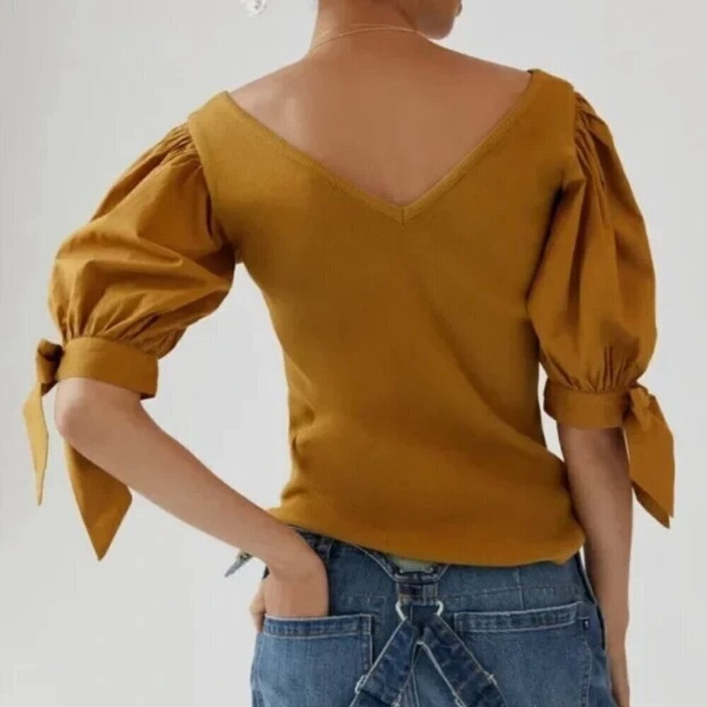 Maeve Anthropologie Meadow Rue  Mustard Ribbon Tied Puff-Sleeved V Neck Blouse S - Picture 3 of 9